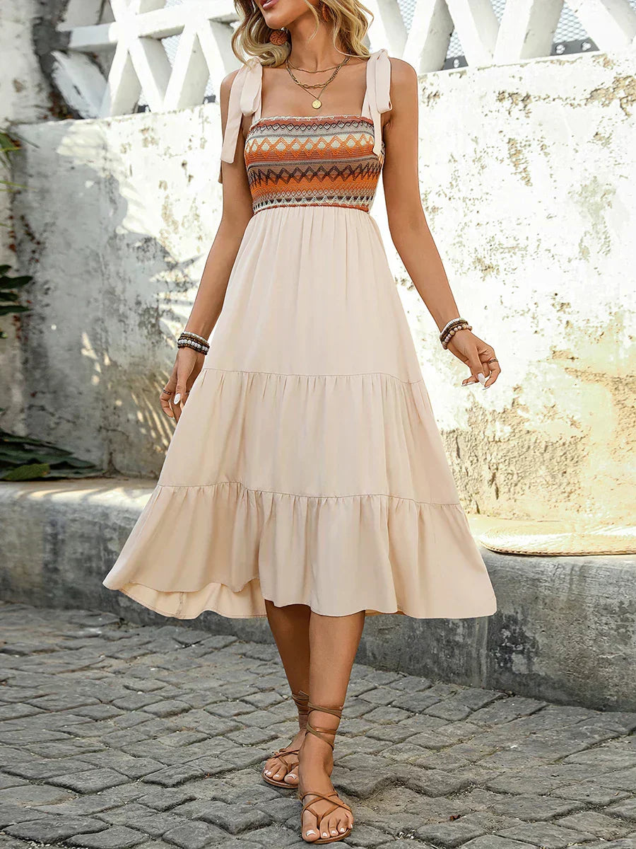Women's Boho Smocked Sundress Midi Tie Shoulder Ruffle