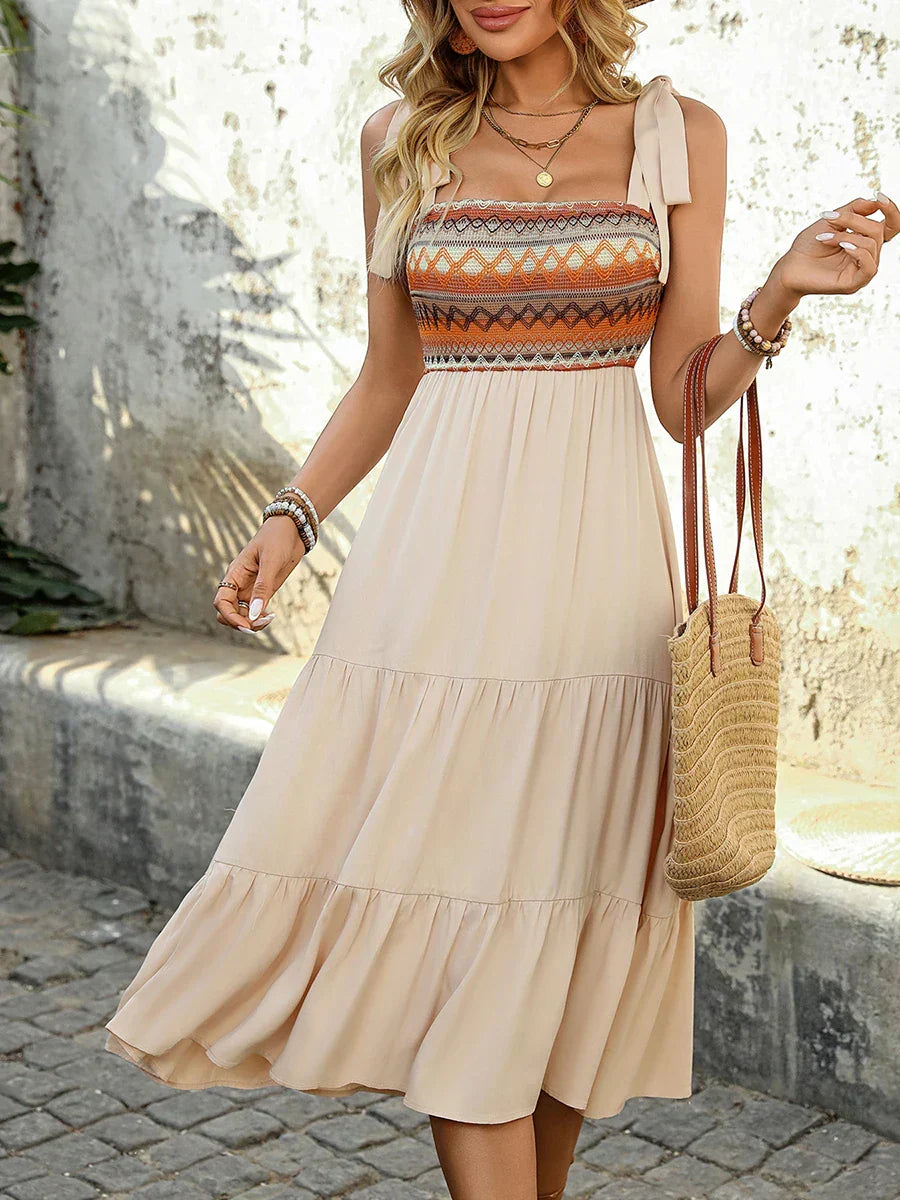Women's Boho Smocked Sundress Midi Tie Shoulder Ruffle