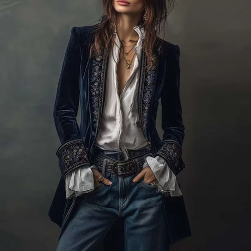 Women's Boho Velvet Duster Jacket Embroidered Open Front Longline