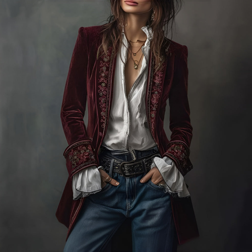 Women's Boho Velvet Duster Jacket Embroidered Open Front Longline