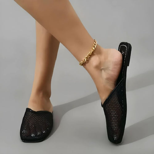Women's Fishnet Mesh Square Toe Flat Mules Backless Slip-On Shoes
