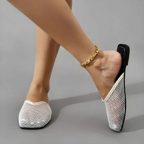 Women's Fishnet Mesh Square Toe Flat Mules Backless Slip-On Shoes