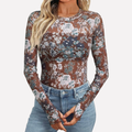 Women's Floral Mesh Long Sleeve Top Sheer Going Out