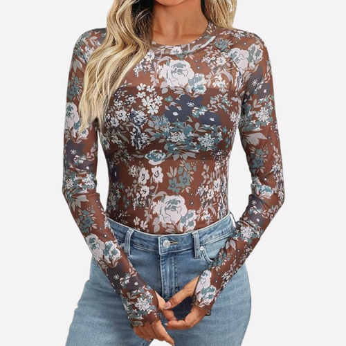 Women's Floral Mesh Long Sleeve Top Sheer Going Out