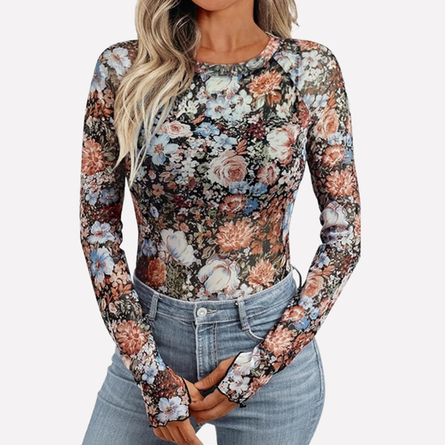 Women's Floral Mesh Long Sleeve Top Sheer Going Out