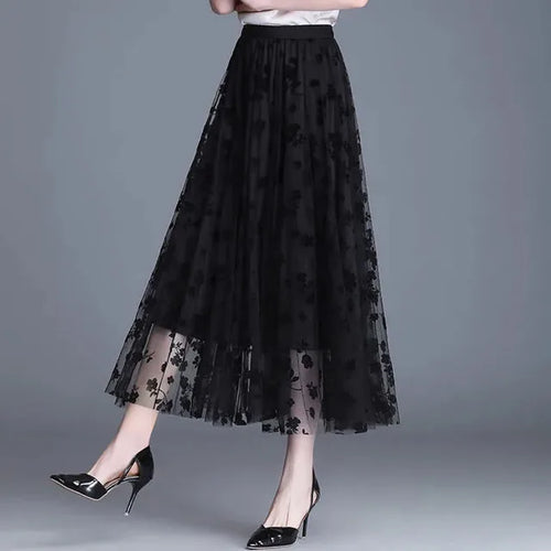 Women's Floral Mesh Midi Skirt A-Line Tulle
