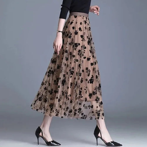 Women's Floral Mesh Midi Skirt A-Line Tulle