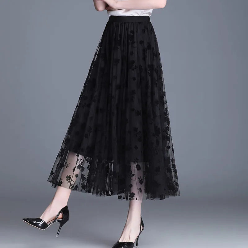 Women's Floral Mesh Midi Skirt A-Line Tulle