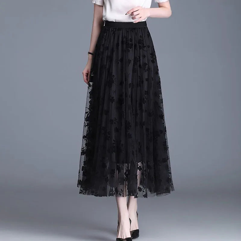 Women's Floral Mesh Midi Skirt A-Line Tulle