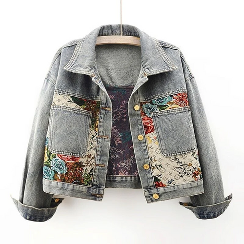 Women's Floral Patchwork Denim Jacket Cropped