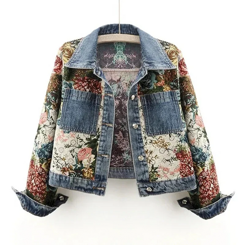 Women's Floral Patchwork Denim Jacket Cropped