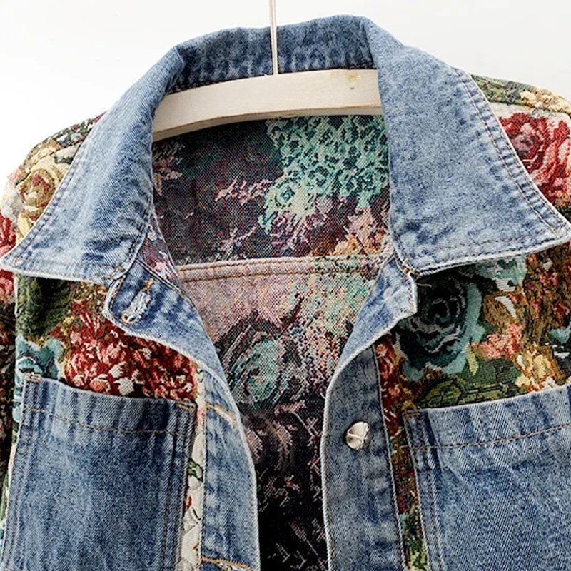 Women's Floral Patchwork Denim Jacket Cropped