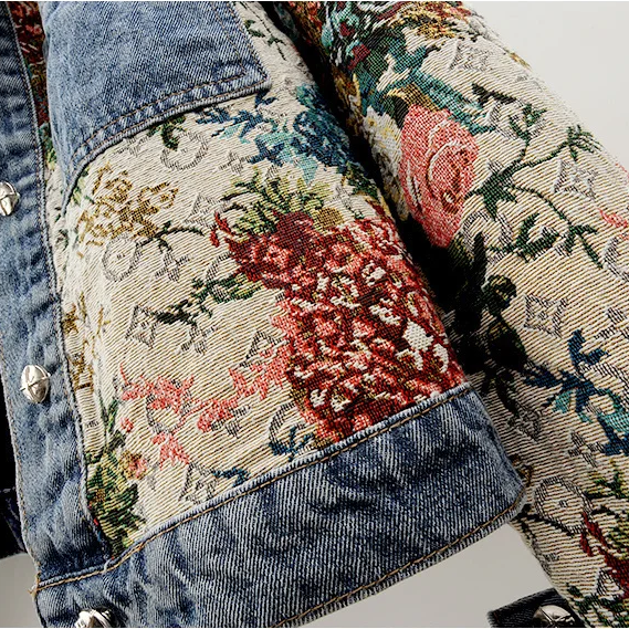 Women's Floral Patchwork Denim Jacket Cropped