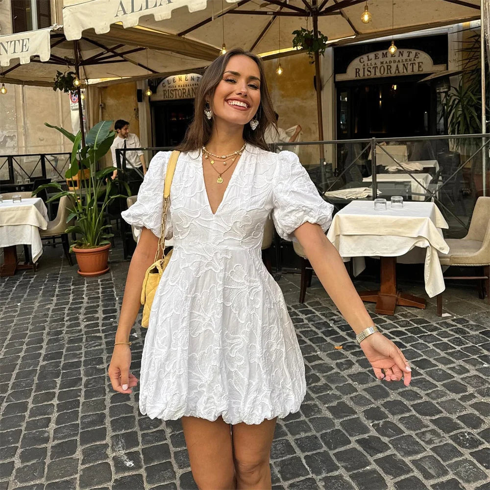 Women's Floral White Mini Dress V-Neck Puff Sleeve