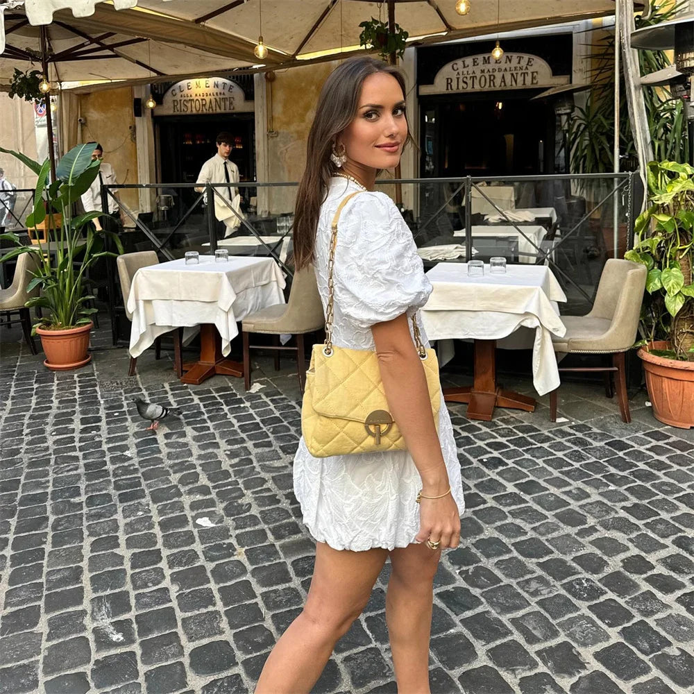 Women's Floral White Mini Dress V-Neck Puff Sleeve