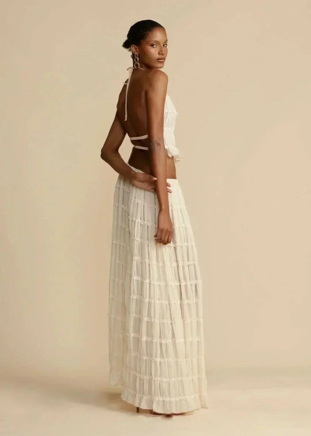 Women's Halter Neck Tiered Ruffle Maxi Skirt Set White Two-Piece