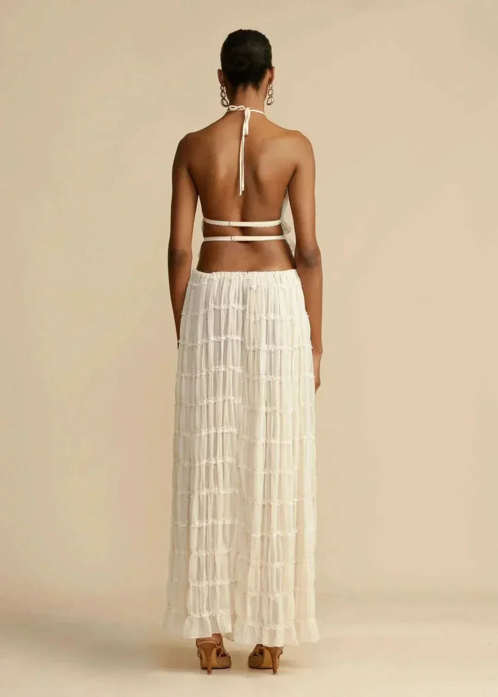 Women's Halter Neck Tiered Ruffle Maxi Skirt Set White Two-Piece