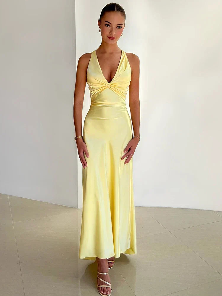 Women's Halter V-Neck Satin Maxi Dress