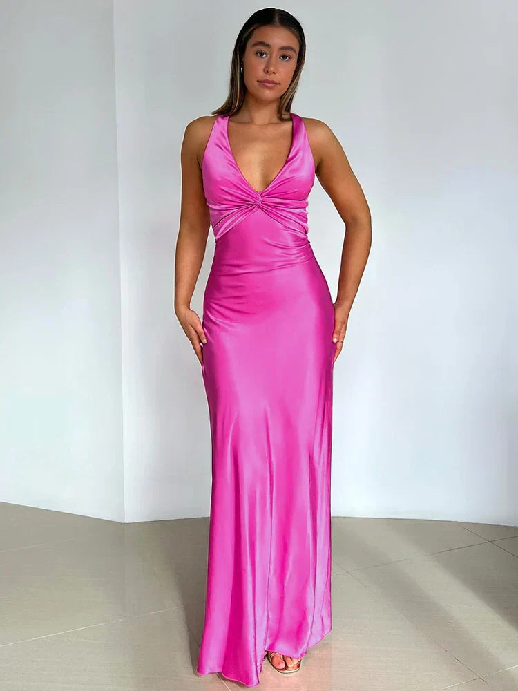 Women's Halter V-Neck Satin Maxi Dress