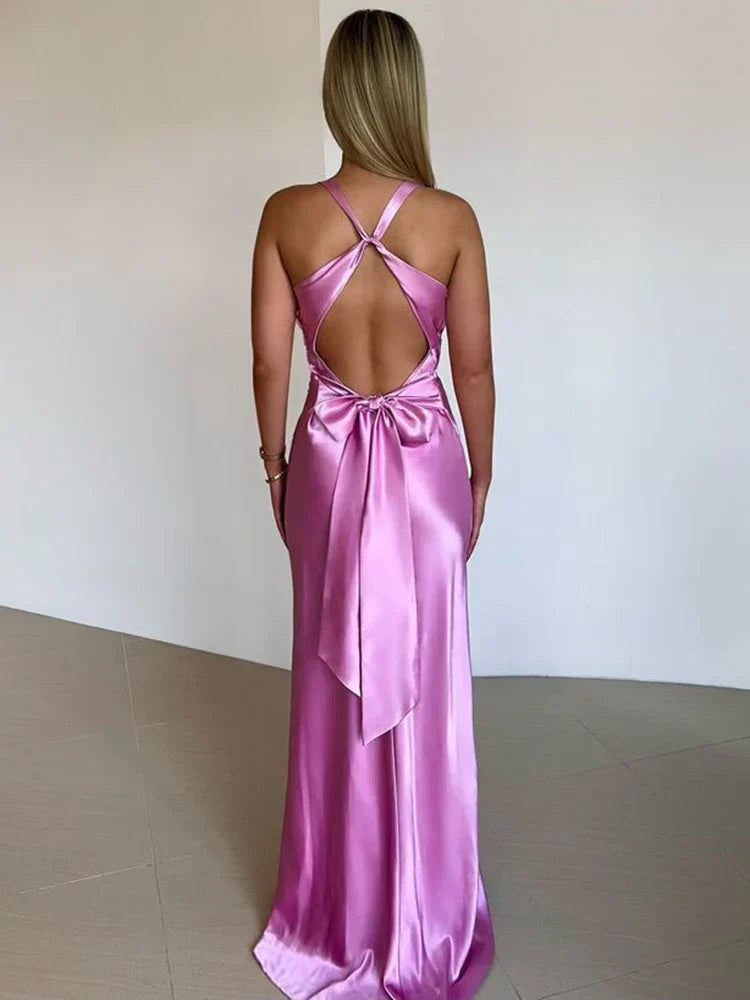 Women's Halter V-Neck Satin Maxi Dress