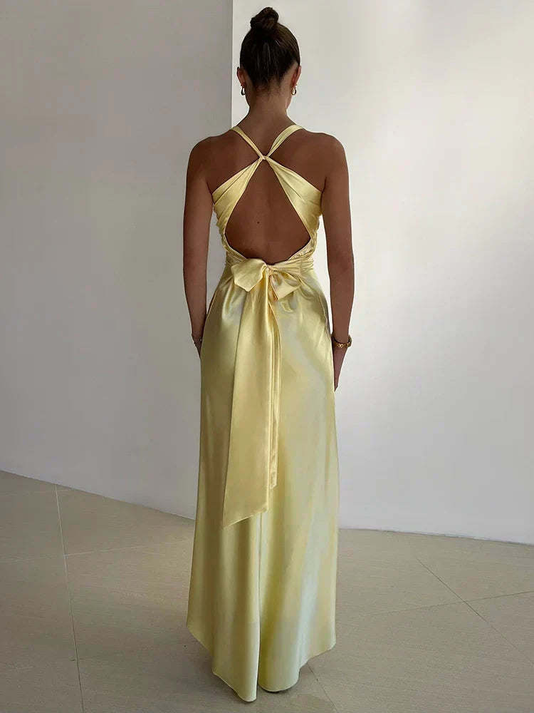 Women's Halter V-Neck Satin Maxi Dress