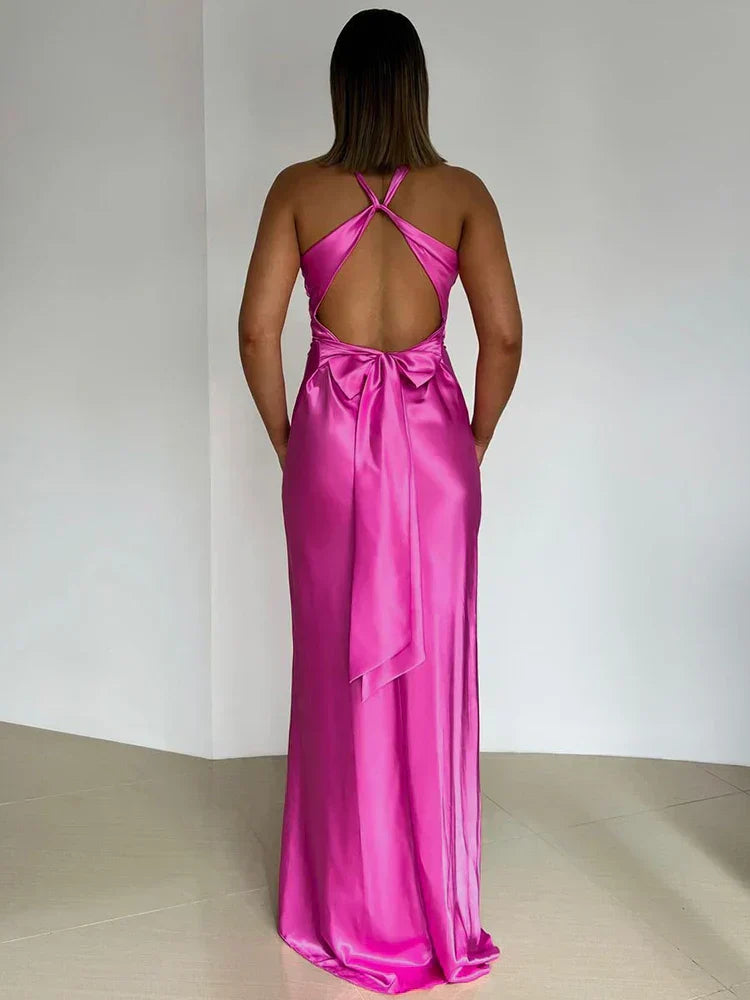 Women's Halter V-Neck Satin Maxi Dress