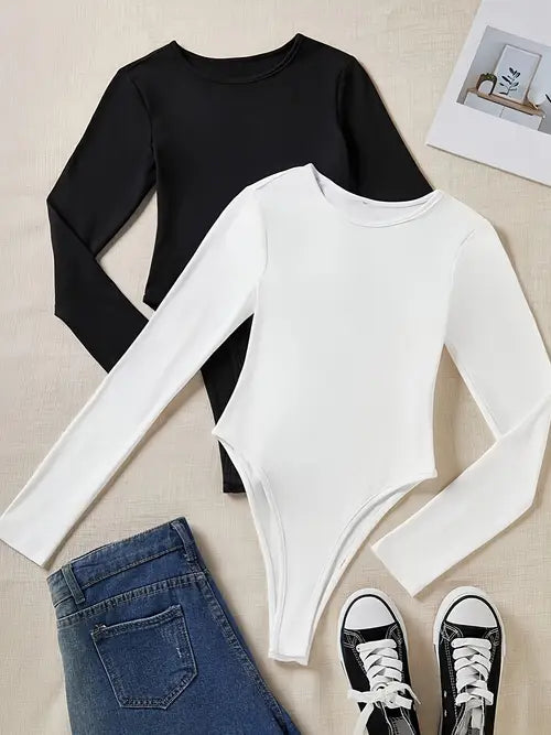 Women's Long Sleeve Fitted Bodysuit Crew Neck Snap Top