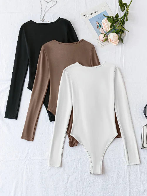 Women's Long Sleeve Fitted Bodysuit Crew Neck Snap Top