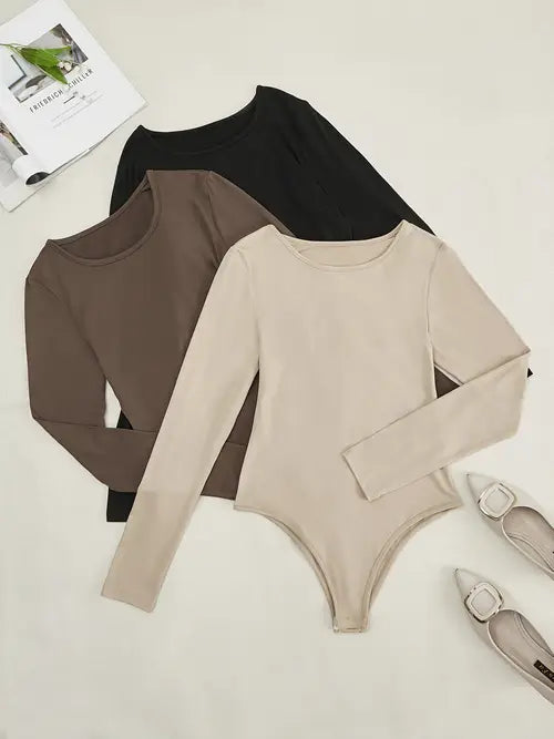Women's Long Sleeve Fitted Bodysuit Crew Neck Snap Top