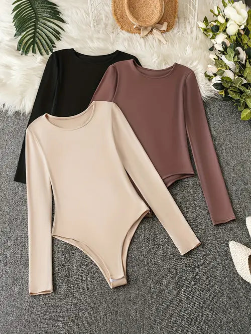 Women's Long Sleeve Fitted Bodysuit Crew Neck Snap Top