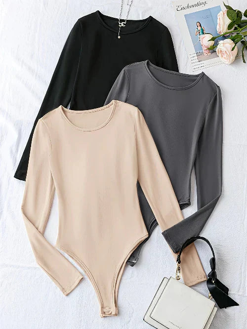 Women's Long Sleeve Fitted Bodysuit Crew Neck Snap Top