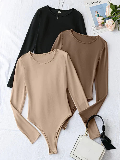 Women's Long Sleeve Fitted Bodysuit Crew Neck Snap Top