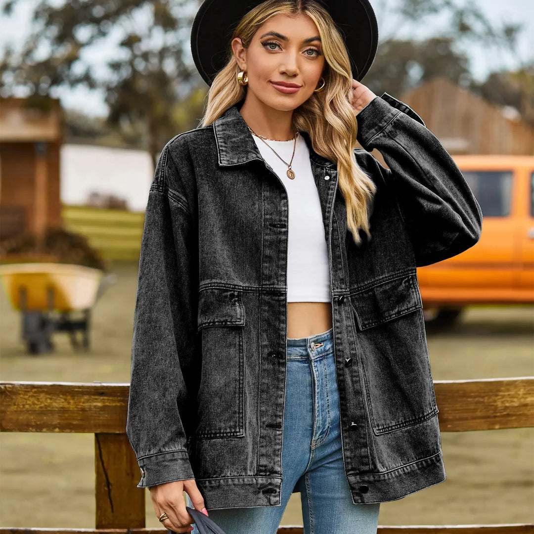 Women's Oversized Black Denim Jacket Button-Front