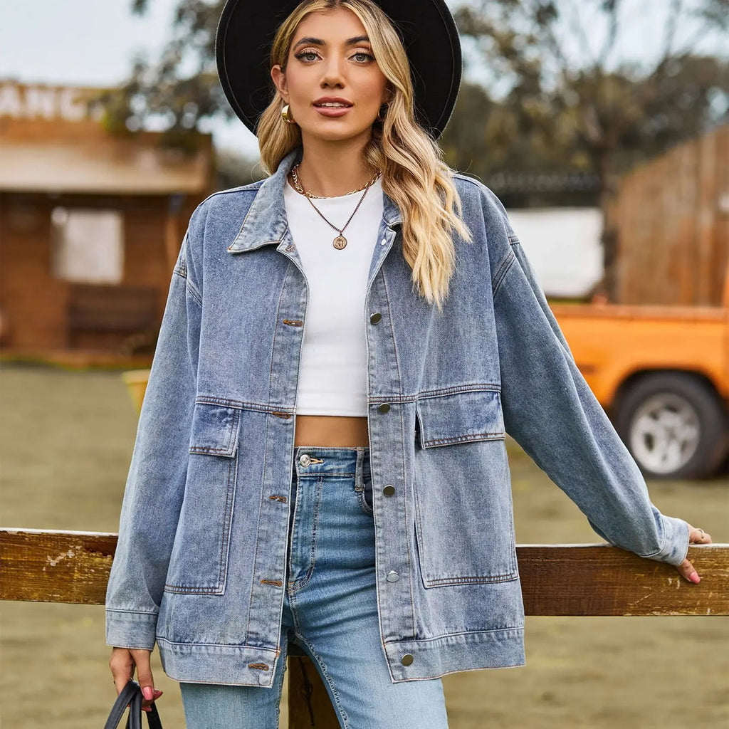 Women's Oversized Black Denim Jacket Button-Front