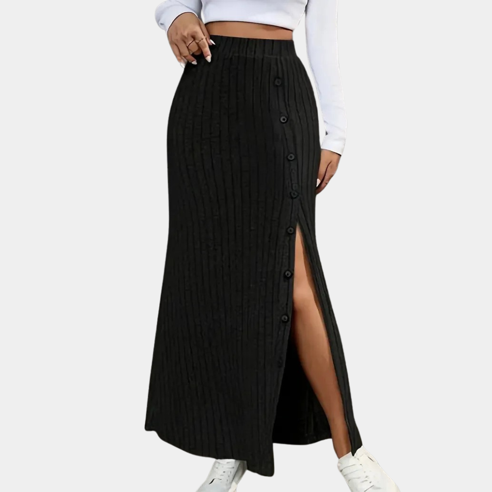 Women's Ribbed Maxi Skirt Button Slit