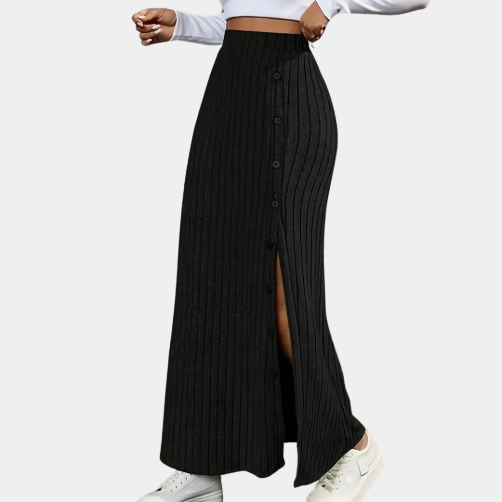 Women's Ribbed Maxi Skirt Button Slit