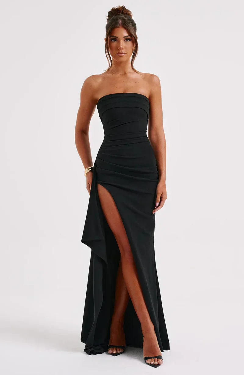 Women's Strapless Ruffle Slit Dress Maxi
