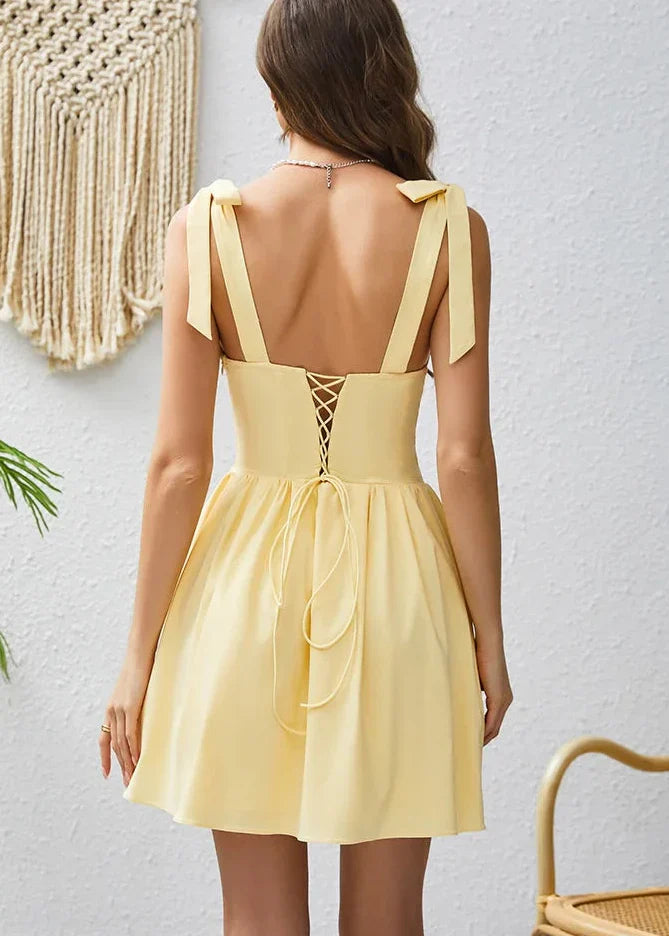 Women's Tie-Strap Babydoll Sundress Mini Yellow