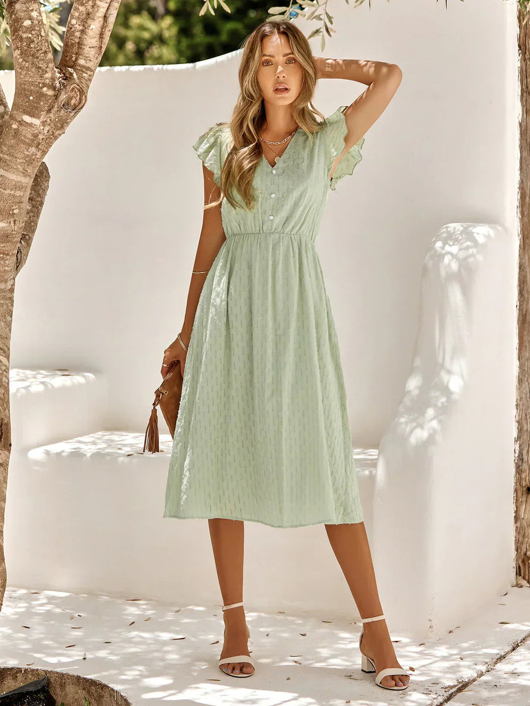 Women's White Midi Dress V-Neck Flutter Sleeve
