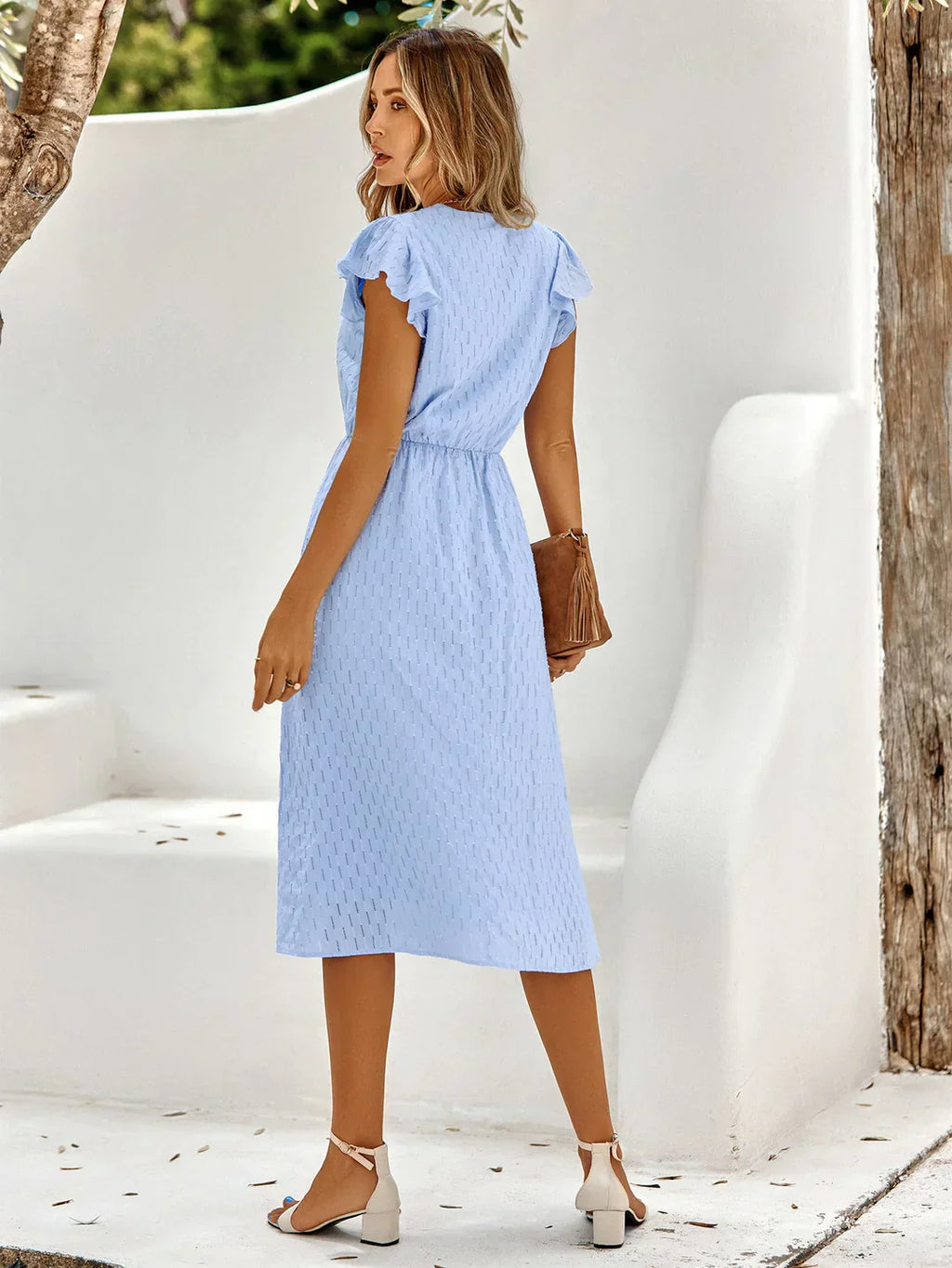 Women's White Midi Dress V-Neck Flutter Sleeve
