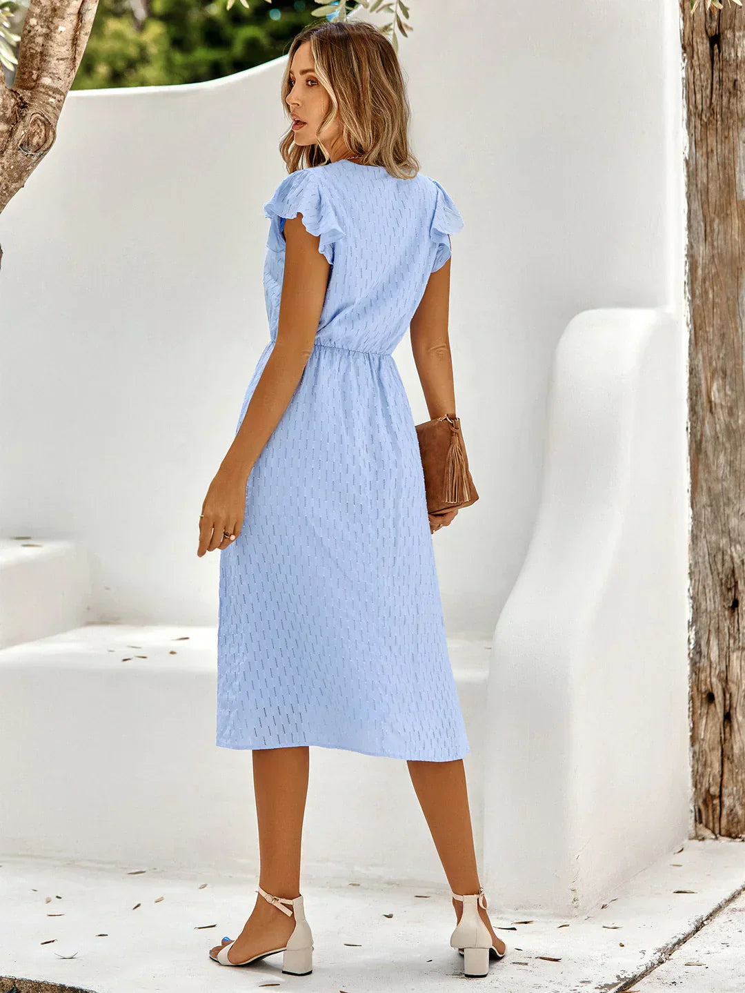 Women's White Midi Dress V-Neck Flutter Sleeve