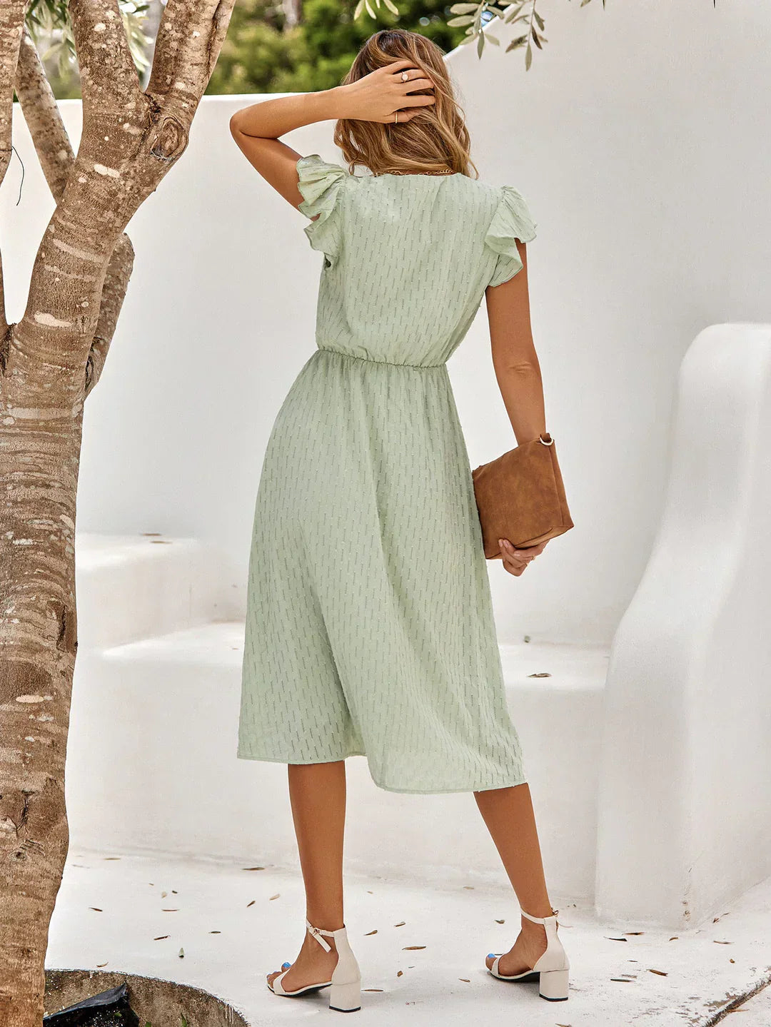 Women's White Midi Dress V-Neck Flutter Sleeve