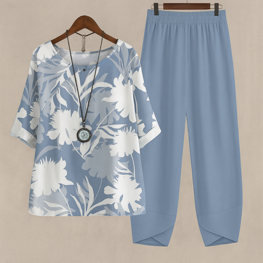 Women's Printed Short Sleeve Wide Leg Pants Set