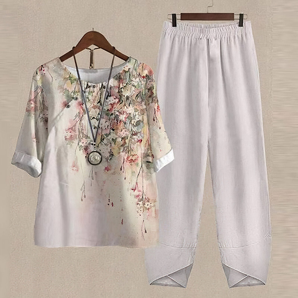 Women's Printed Short Sleeve Wide Leg Pants Set